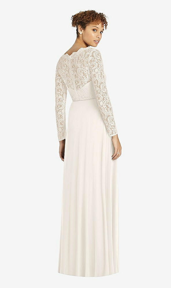 Back View - Ivory & Ivory Long Sleeve Illusion-Back Lace and Chiffon Dress