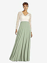 Front View Thumbnail - Sage & Ivory Long Sleeve Illusion-Back Lace and Chiffon Dress