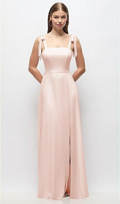 tie shoulder bridesmaid dress Skinny Tie-Shoulder Satin Maxi Dress with Front Slit