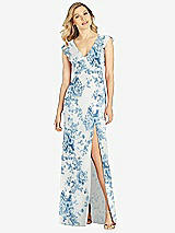 Front View Thumbnail - Cottage Rose Dusk Blue Ruffled Sleeve Mermaid Dress with Front Slit
