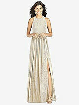 Front View Thumbnail - Butter Yellow Floral Shirred Skirt Jewel Neck Halter Dress with Front Slit