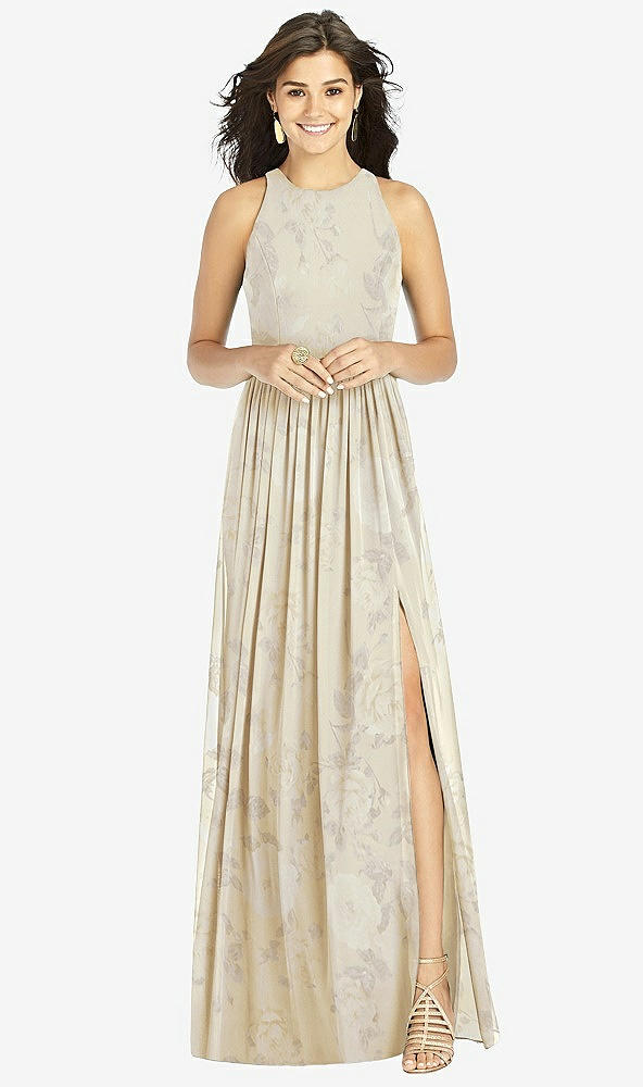 Front View - Butter Yellow Floral Shirred Skirt Jewel Neck Halter Dress with Front Slit