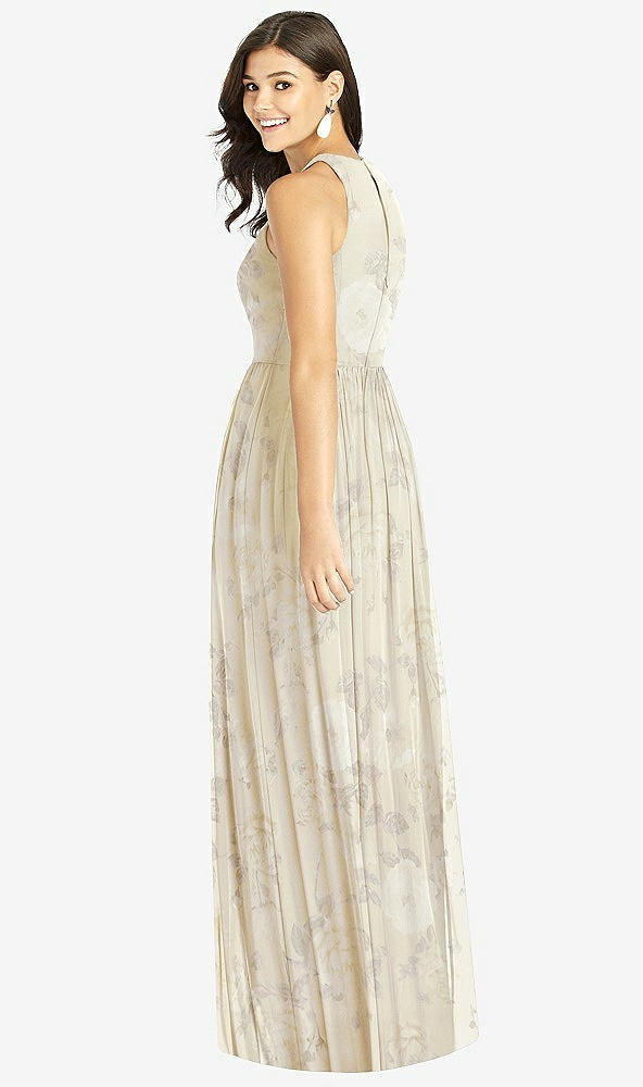 Back View - Butter Yellow Floral Shirred Skirt Jewel Neck Halter Dress with Front Slit