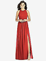Front View Thumbnail - Poppy Red Shirred Skirt Jewel Neck Halter Dress with Front Slit
