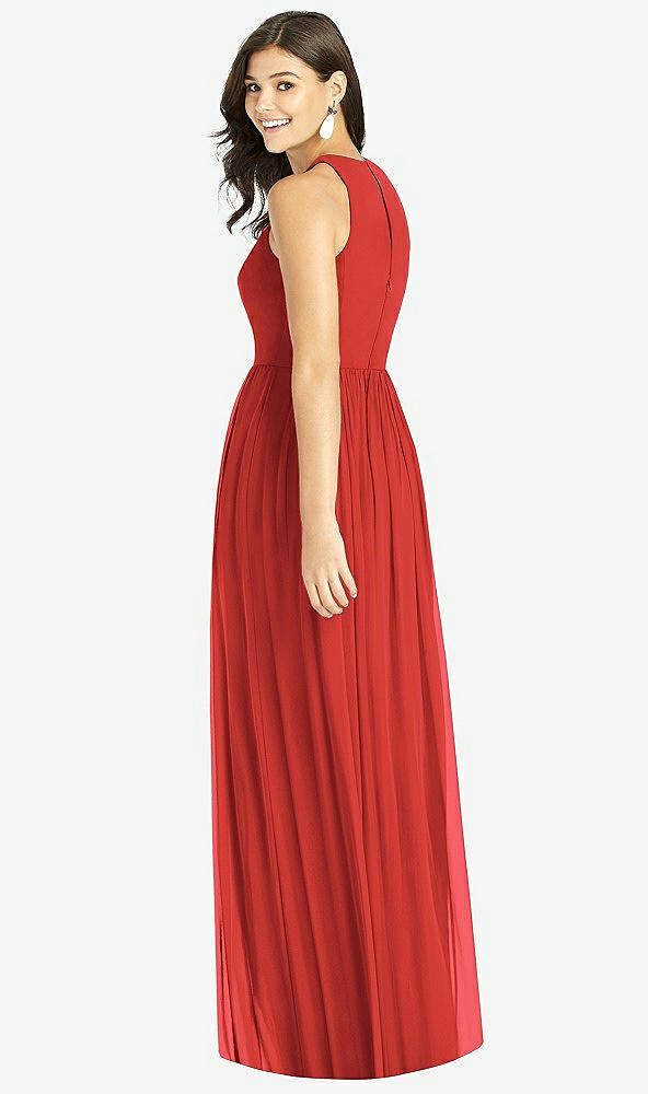 Back View - Poppy Red Shirred Skirt Jewel Neck Halter Dress with Front Slit