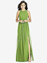 Front View Thumbnail - Peridot Green Shirred Skirt Jewel Neck Halter Dress with Front Slit