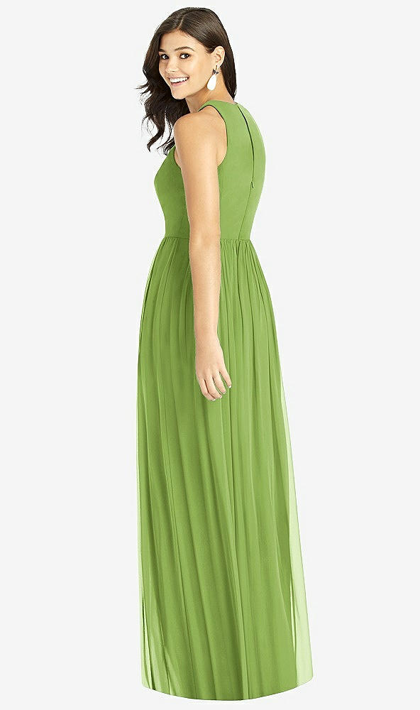 Back View - Peridot Green Shirred Skirt Jewel Neck Halter Dress with Front Slit