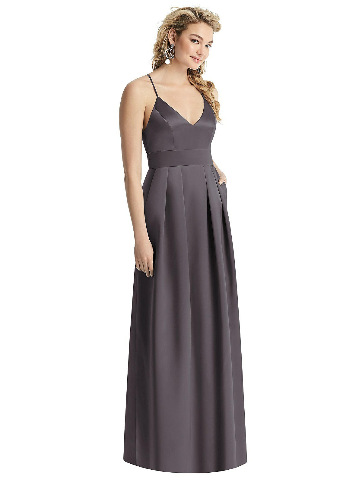 Pleated Skirt Satin Maxi Bridesmaid Dress With Pockets In Stormy