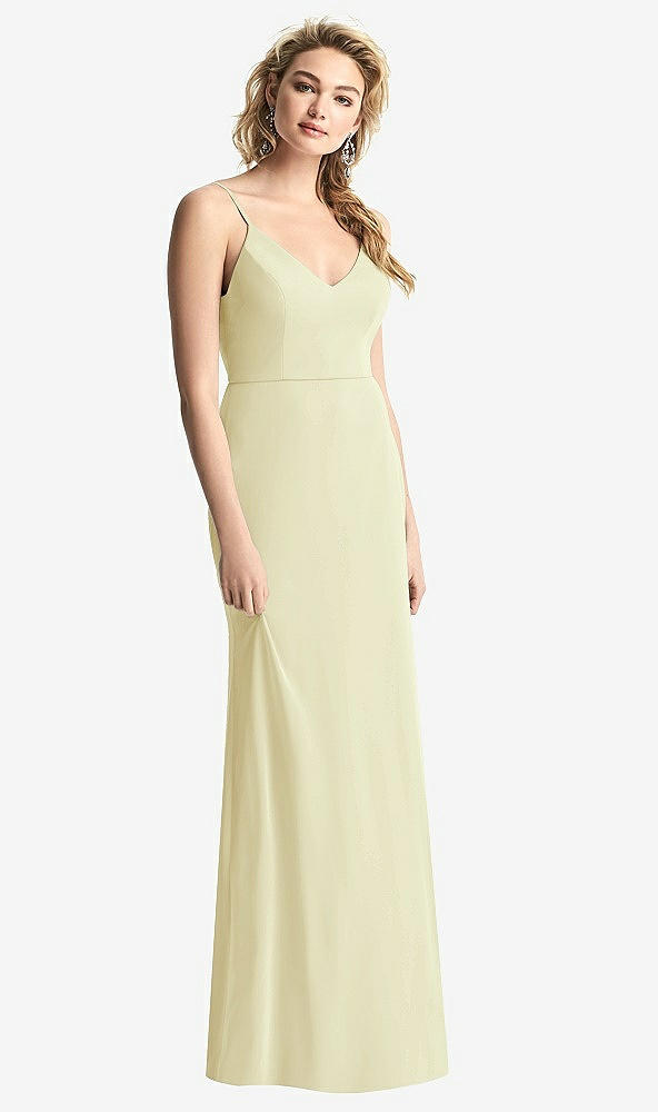 Back View - Butter Yellow Shirred Sash Cowl-Back Chiffon Trumpet Gown