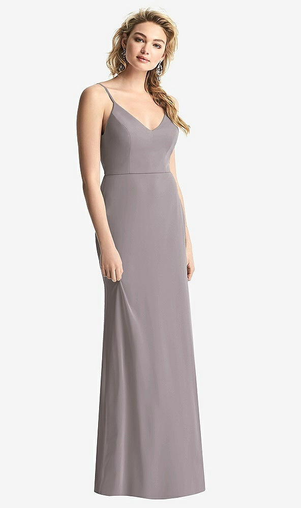Back View - Cashmere Gray Shirred Sash Cowl-Back Chiffon Trumpet Gown