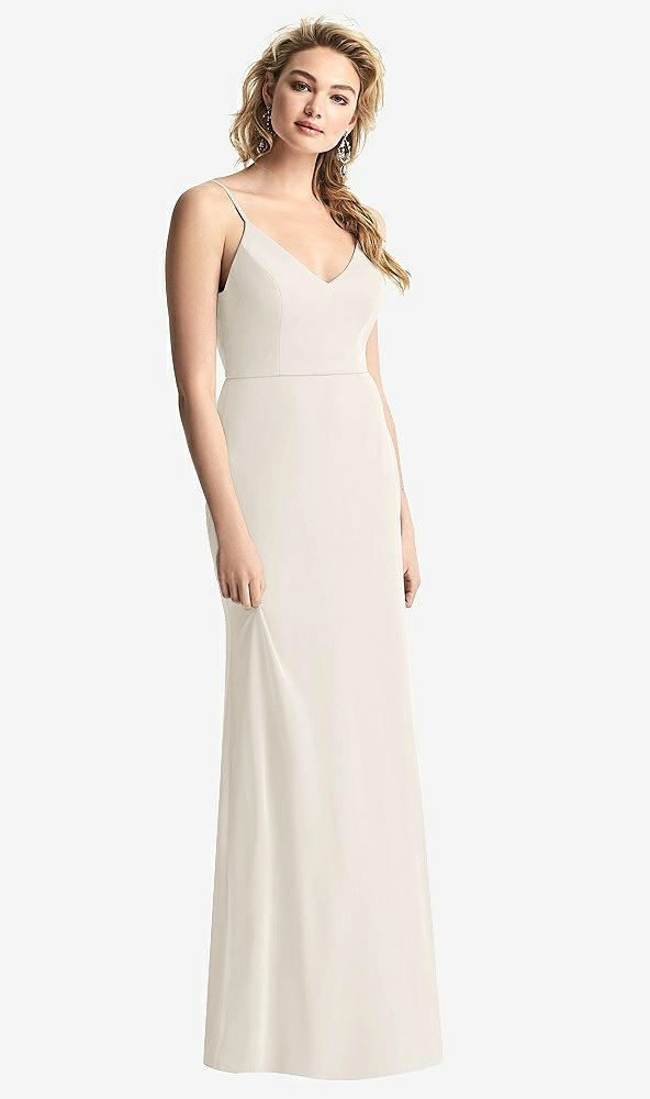 Back View - Ivory Shirred Sash Cowl-Back Chiffon Trumpet Gown