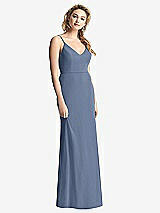 Rear View Thumbnail - Larkspur Blue Shirred Sash Cowl-Back Chiffon Trumpet Gown