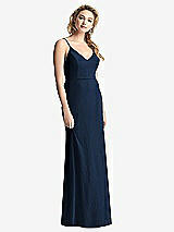 Rear View Thumbnail - Midnight Navy Shirred Sash Cowl-Back Chiffon Trumpet Gown