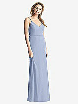 Rear View Thumbnail - Sky Blue Shirred Sash Cowl-Back Chiffon Trumpet Gown