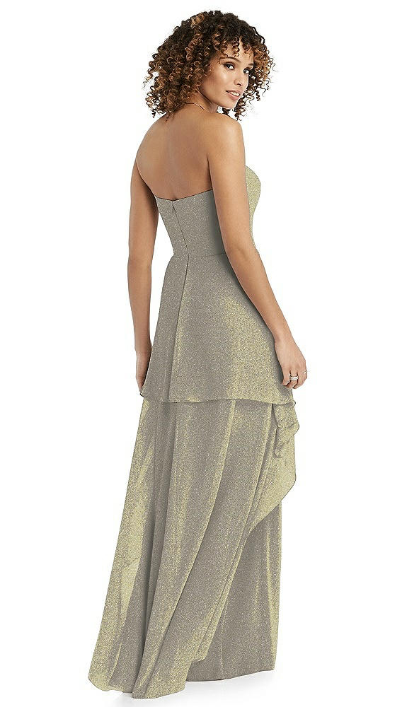 Back View - Mocha Gold Shimmer Strapless Gown with Skirt Overlay