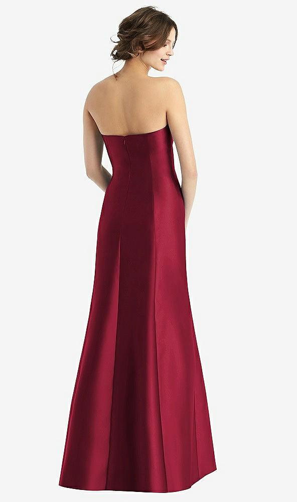 Back View - Burgundy Strapless Satin Trumpet Gown with Front Slit
