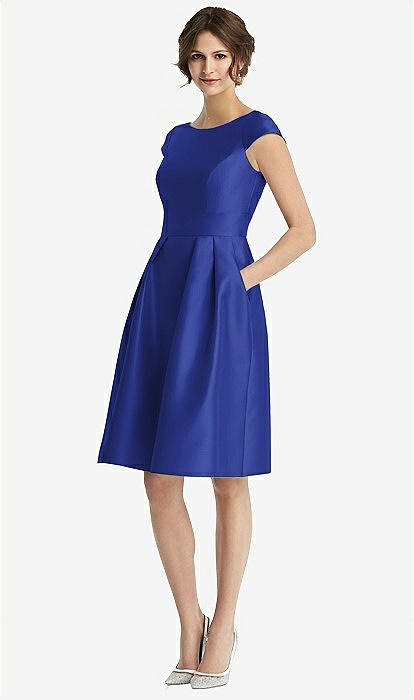 Cap Sleeve Pleated Cocktail Bridesmaid Dress With Pockets In Cobalt Blue |  The Dessy Group