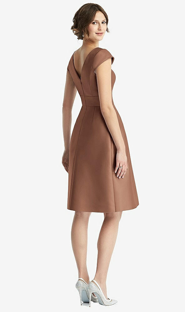 Back View - Cognac Cap Sleeve Pleated Cocktail Dress with Pockets