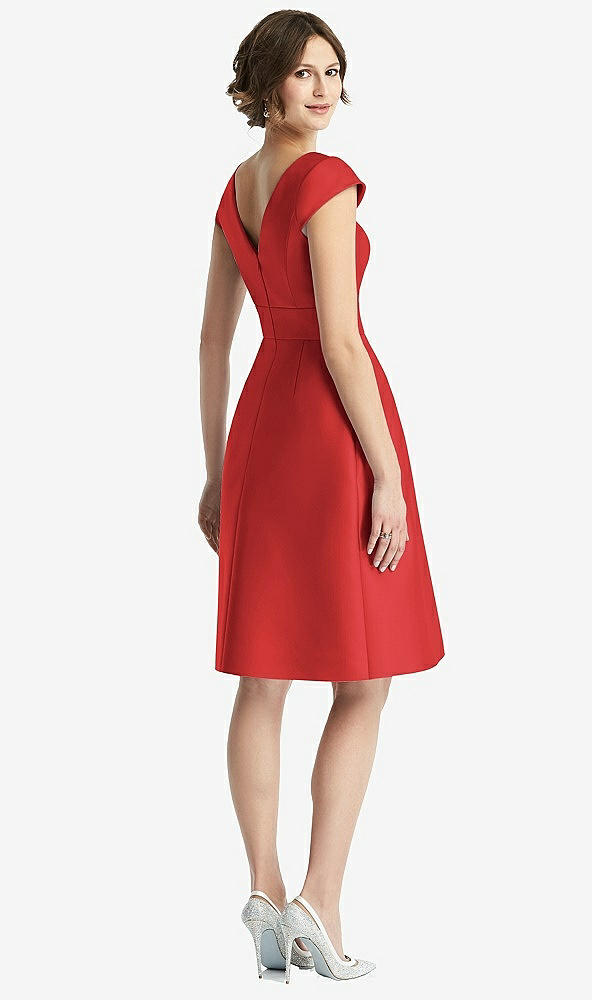 Back View - Poppy Red Cap Sleeve Pleated Cocktail Dress with Pockets