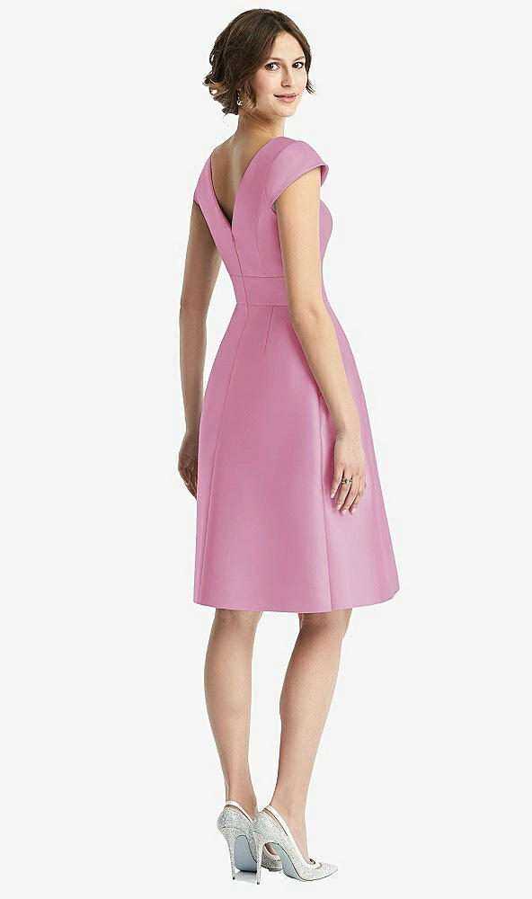 Back View - Powder Pink Cap Sleeve Pleated Cocktail Dress with Pockets