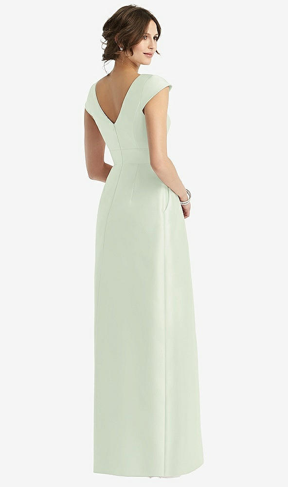Back View - Mint Green Cap Sleeve Pleated Skirt Dress with Pockets