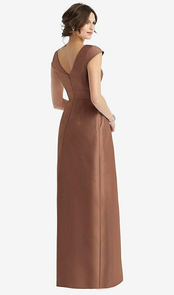Back View - Cognac Cap Sleeve Pleated Skirt Dress with Pockets