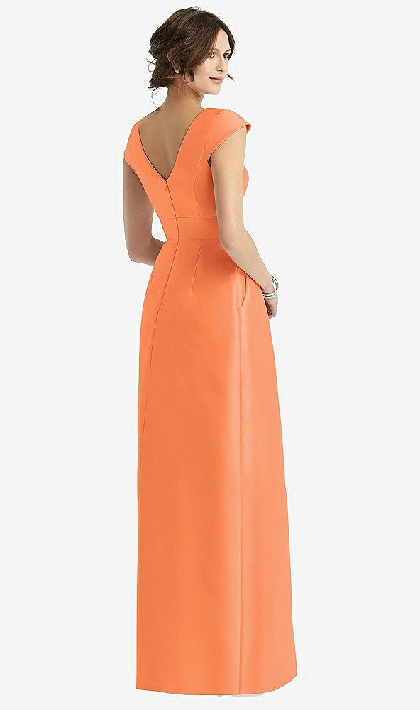 Back View - Portofino Orange Cap Sleeve Pleated Skirt Dress with Pockets