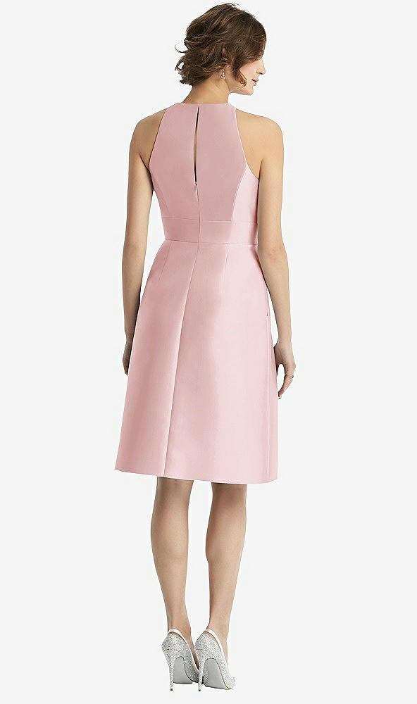 Back View - Ballet Pink High-Neck Satin Cocktail Dress with Pockets