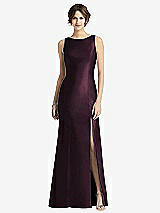 Front View Thumbnail - Deep Plum Sleeveless Satin Trumpet Gown with Bow at Open-Back