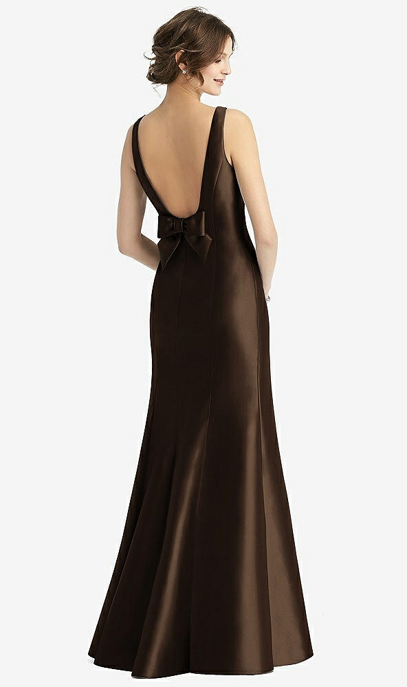 Back View - Espresso Sleeveless Satin Trumpet Gown with Bow at Open-Back