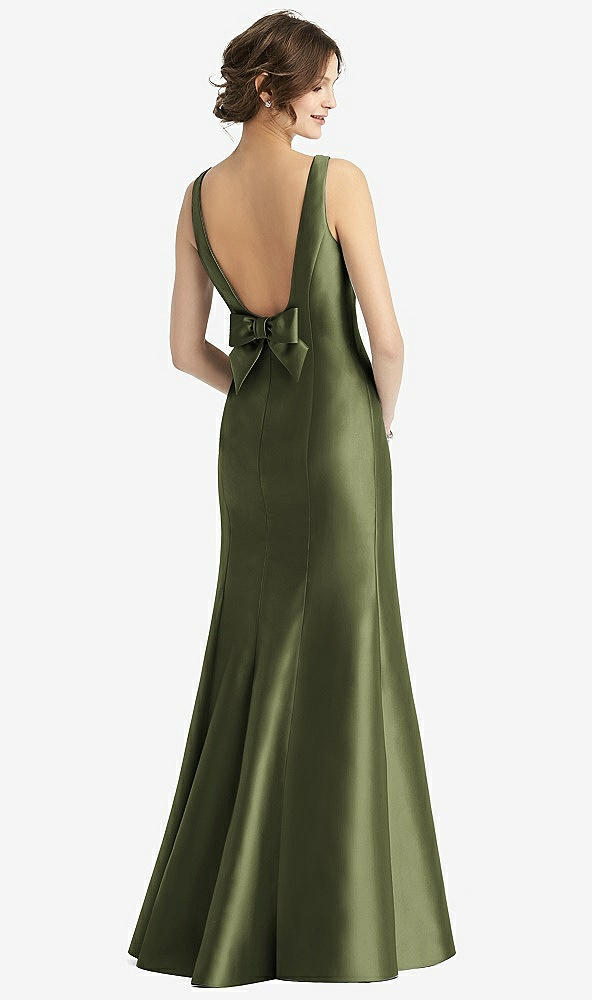 Back View - Olive Green Sleeveless Satin Trumpet Gown with Bow at Open-Back