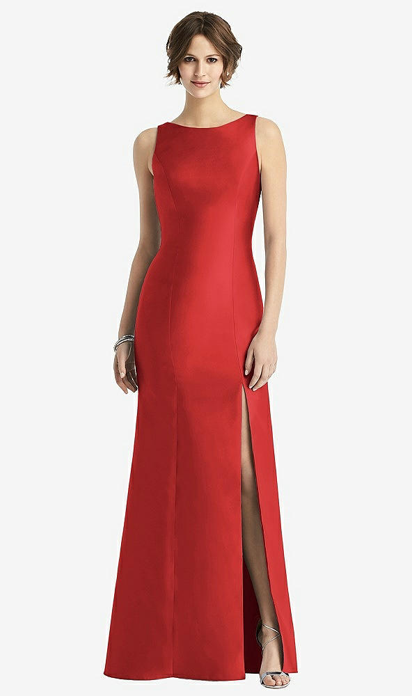 Front View - Poppy Red Sleeveless Satin Trumpet Gown with Bow at Open-Back