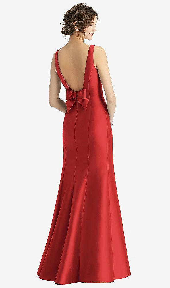 Back View - Poppy Red Sleeveless Satin Trumpet Gown with Bow at Open-Back