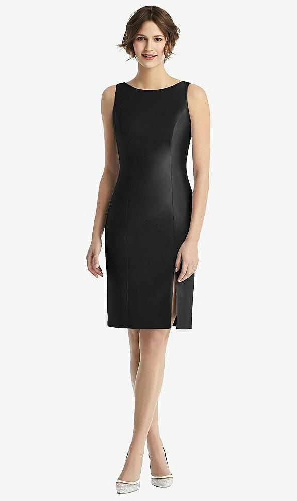 Back View - Black Bow Open-Back Satin Cocktail Dress with Front Slit