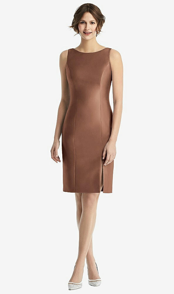 Back View - Cognac Bow Open-Back Satin Cocktail Dress with Front Slit