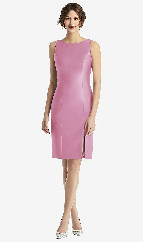 Back View - Powder Pink Bow Open-Back Satin Cocktail Dress with Front Slit