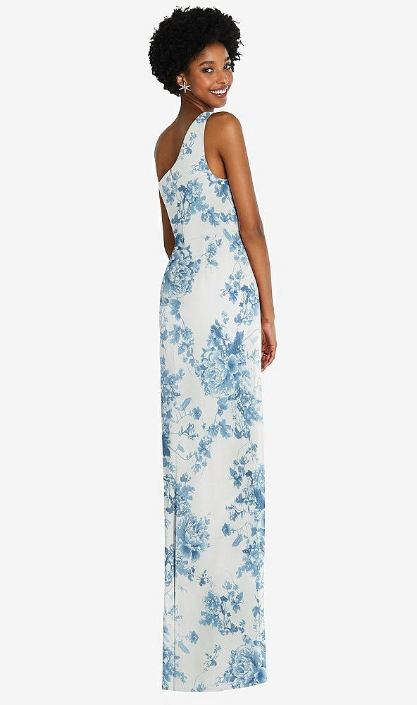Back View - Cottage Rose Dusk Blue One-Shoulder Chiffon Trumpet Gown