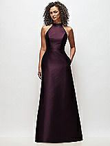 Front View Thumbnail - Deep Plum High-Neck Cutout Satin Dress with Pockets
