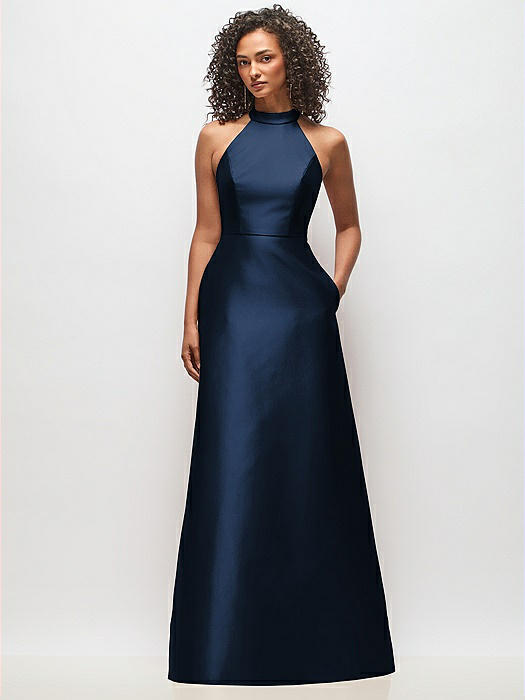 High-Neck Cutout Satin Dress with Pockets