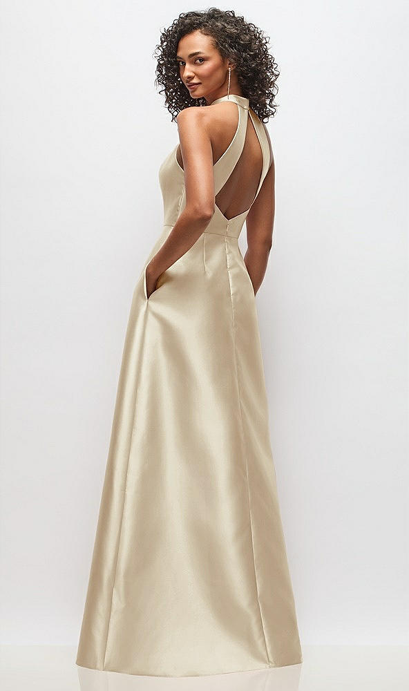 Back View - Champagne High-Neck Cutout Satin Dress with Pockets