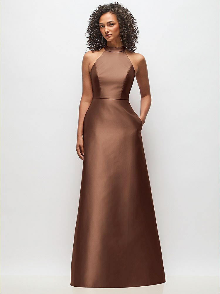 High-neck Halter Open-back Satin Trumpet Bridesmaid Dress In