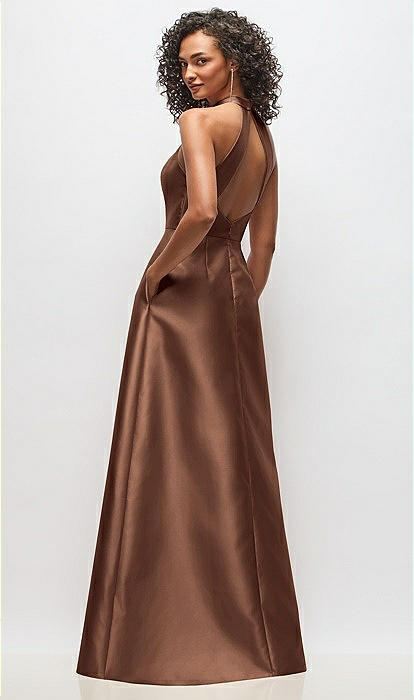 High-neck Cutout Satin Bridesmaid Dress With Pockets In Cognac