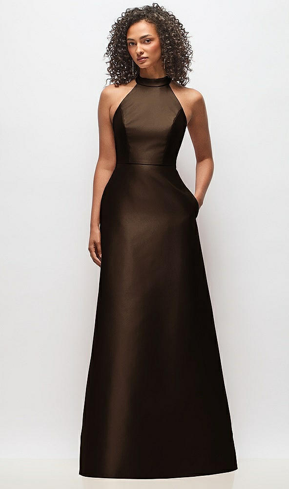 Front View - Espresso High-Neck Cutout Satin Dress with Pockets