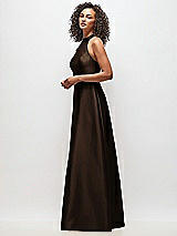 Side View Thumbnail - Espresso High-Neck Cutout Satin Dress with Pockets