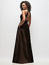 Rear View Thumbnail - Espresso High-Neck Cutout Satin Dress with Pockets