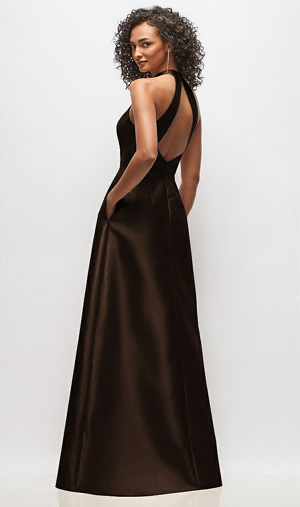 Back View - Espresso High-Neck Cutout Satin Dress with Pockets