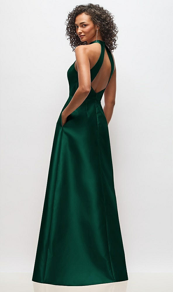 Back View - Hunter Green High-Neck Cutout Satin Dress with Pockets