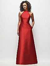 Front View Thumbnail - Poppy Red High-Neck Cutout Satin Dress with Pockets