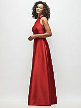 Side View Thumbnail - Poppy Red High-Neck Cutout Satin Dress with Pockets