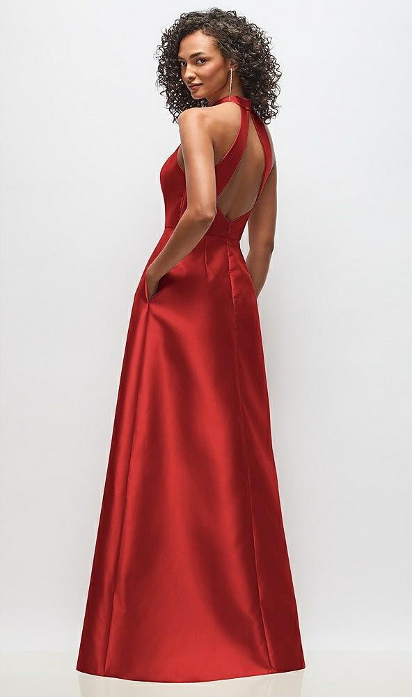 Back View - Poppy Red High-Neck Cutout Satin Dress with Pockets